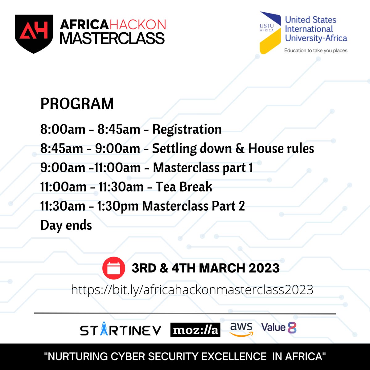 🎉 Thank you to everyone who has already registered for the #AfricaHackOn Cybersecurity Masterclass happening this Friday and Saturday! 💻🔒 We can't wait to see you there and help you level up your cyber skills.
Program of the day attached!#cybersecurity #masterclass