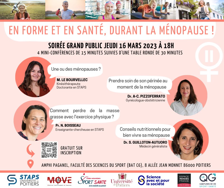 Laboratoire MOVE (@labomove) on Twitter photo 📢🎤 Soirée grand public « En forme et en santé, durant la ménopause ! », 4 mini-conférences et une table ronde.
📆 Jeudi 16 mars 2023 à 18H
📍 Amphithéâtre PAGANEL <a href="/STAPSPoitiers/">STAPS Université de Poitiers</a>, 8 allée Jean Monnet 86000 Poitiers (bât C6)
Inscription obligatoire ⬇
move.labo.univ-poitiers.fr/soiree-grand-p… 📢🎤 Soirée grand public « En forme et en santé, durant la ménopause ! », 4 mini-conférences et une table ronde.
📆 Jeudi 16 mars 2023 à 18H
📍 Amphithéâtre PAGANEL <a href="/STAPSPoitiers/">STAPS Université de Poitiers</a>, 8 allée Jean Monnet 86000 Poitiers (bât C6)
Inscription obligatoire ⬇
move.labo.univ-poitiers.fr/soiree-grand-p…