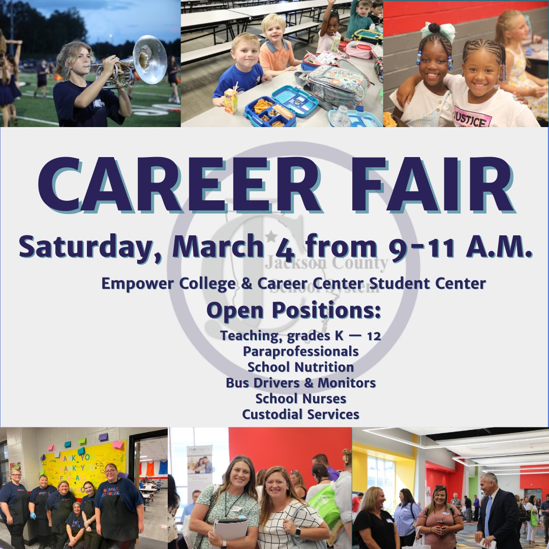 JCSchoolSystem's tweet photo. The Jackson County School System will be hosting a career fair this Saturday, March 4, from 9 — 11 A.M. inside the student center at the Empower College &amp; Career Center! JCSS schools and departments will be on hand to speak with interested applicants!

#SuccessatJCSS https://t.co/RSgSA0DD1k