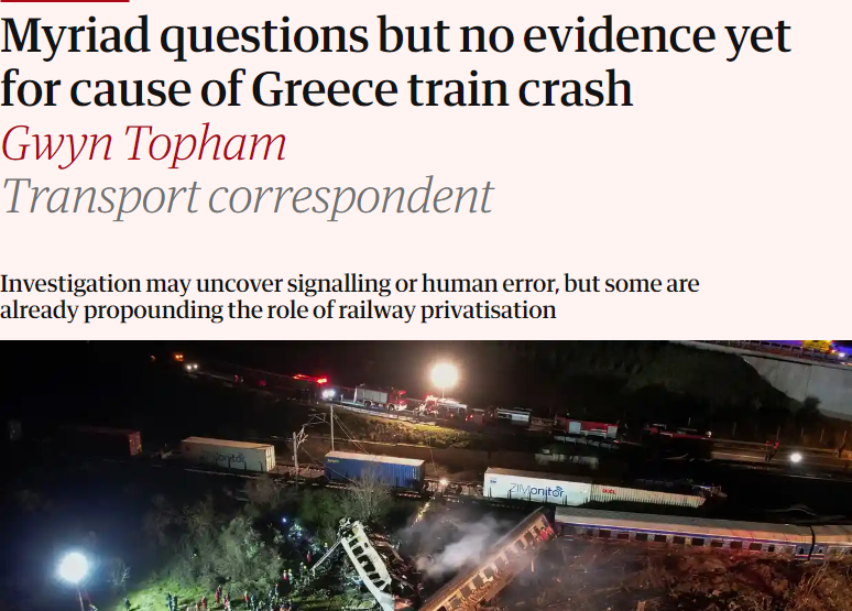 chris_avramidis's tweet photo. Στο εξωτερικό ο έκγριτος Guardian συνδέει το δυστύχημα με την ιδιωτικοποίηση και τη συνεπαγόμενη υποβάθμιση των σιδηροδρομων. 
Στην Ελλάδα τα πετσωμένα παπαγαλάγια τα ρίχνουν όλα στον σταθμάρχη. 

Διαλέξτε ποιον θα εμπιστευτείτε
#τεμπη #τεμπη_εγκλημα https://t.co/LkZ9Kfct7k