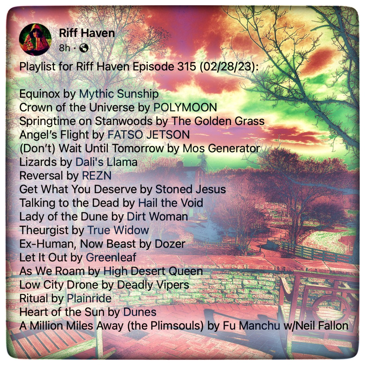 RiffHaven's tweet photo. #RiffHaven #RadioBoise #MythicSunship #Polymoon #theGoldenGrass #FatsoJetson #MosGenerator #DalisLlama #Rezn #StonedJesus #HailtheVoid #DirtWoman #TrueWidow #Dozer #Greenleaf #HighDesertQueen #DeadlyVipers #Plainride #Dunes #FuManchu https://t.co/MJuVGzRe3z