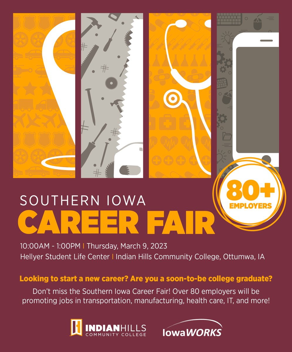 indianhills's tweet photo. MARK YOUR CALENDAR! The Southern Iowa Career Fair is coming up next Thursday, March 9th from 10am-1pm in Hellyer. Don’t miss out on this chance to network with employers and learn about exciting job opportunities. And you could win some great raffle prizes! https://t.co/Io2R4yLBDt