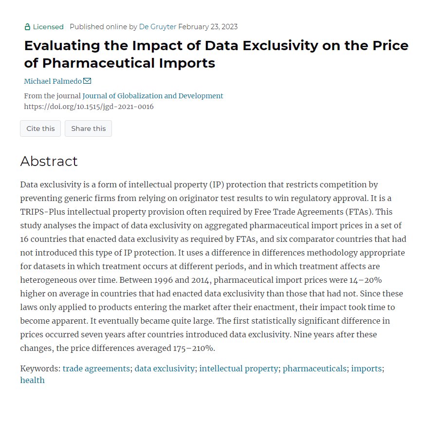 WCL_PIJIP's tweet photo. PIJIP Post Doctoral Fellow @mikepalmedo published a paper in the Journal of Globalization and Development. Evaluating the Impact of #DataExclusivity on the Price of #Pharmaceutical Imports.
For more information:
https://t.co/b1nlZlcYPR https://t.co/4BgKZFkNeG