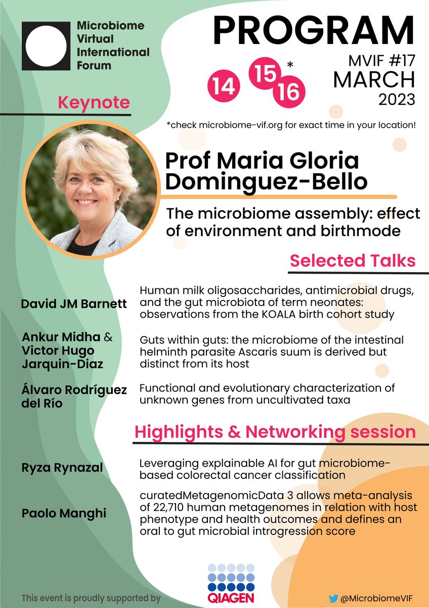 Microbiome Virtual International Forum (@microbiomevif) on Twitter photo March #MVIF program is out🤩
Keynote 🇺🇸Prof. Dominguez-Bello (<a href="/RutgersU/">Rutgers University</a>)
Talks
🇳🇱<a href="/_david_barnett_/">David Barnett</a>
🇩🇪<a href="/AnkurMidha3/">Ankur</a>, <a href="/vhjarquind/">Víctor Hugo Jarquín-Díaz</a>
🇪🇸<a href="/alvarordr/">Alvaro Rodríguez del Río</a>
Highlights
🇯🇵Ryza Rynazal
🇮🇹@paolo_manghi
📆Time&date (different from usual) t.ly/USlp
✍️Register t.ly/xilxr March #MVIF program is out🤩
Keynote 🇺🇸Prof. Dominguez-Bello (<a href="/RutgersU/">Rutgers University</a>)
Talks
🇳🇱<a href="/_david_barnett_/">David Barnett</a>
🇩🇪<a href="/AnkurMidha3/">Ankur</a>, <a href="/vhjarquind/">Víctor Hugo Jarquín-Díaz</a>
🇪🇸<a href="/alvarordr/">Alvaro Rodríguez del Río</a>
Highlights
🇯🇵Ryza Rynazal
🇮🇹@paolo_manghi
📆Time&date (different from usual) t.ly/USlp
✍️Register t.ly/xilxr