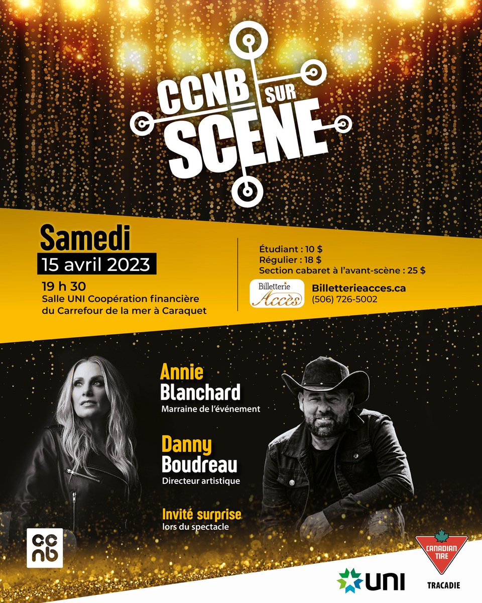 CCNB sur scène revient à Caraquet pour une sixième année consécutive et les billets sont disponibles. Le spectacle aura lieu le 15 avril 2023! 💃🕺

Qui sera l'invité surprise?... 🧐
#mystère #musique #talent #spectacle