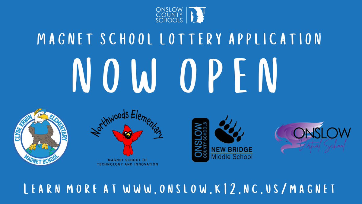 The application portal for the OCS magnet school lottery is now open. Apply now through March 15! 
Learn more about our magnet schools and how to apply at onslow.k12.nc.us/magnet.