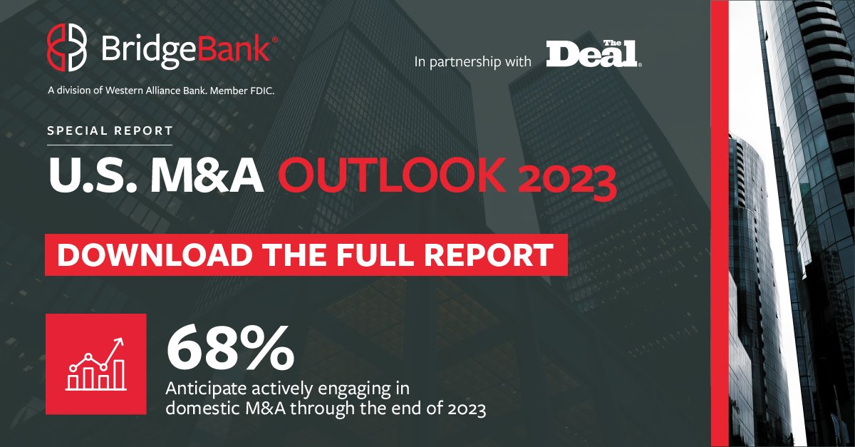 TheDealNewsroom's tweet photo. Download the U.S. M&amp;A Outlook 2023 report in partnership with @bridgebank, where we share our outlook on the trends that will drive M&amp;A through the end of 2023.

Download report: https://t.co/NJEbhaRTO9

#MergersandAquisitions #Dealmaking #US #BridgeBank https://t.co/lQ48wLQ1Kp