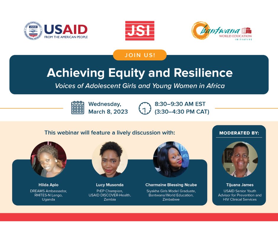 JSIhealth's tweet photo. Join us &amp; get inspired for #IWD2023! Hear from #AYGW from #Uganda, #Zambia, &amp; #Zimbabwe about the challenges they’ve overcome, plans for the future, and what African women need to achieve #equity. Register: https://t.co/VPaBF6Zz16 @BantwanaOVC @WorldEd @USAID https://t.co/epcdTBWlVV