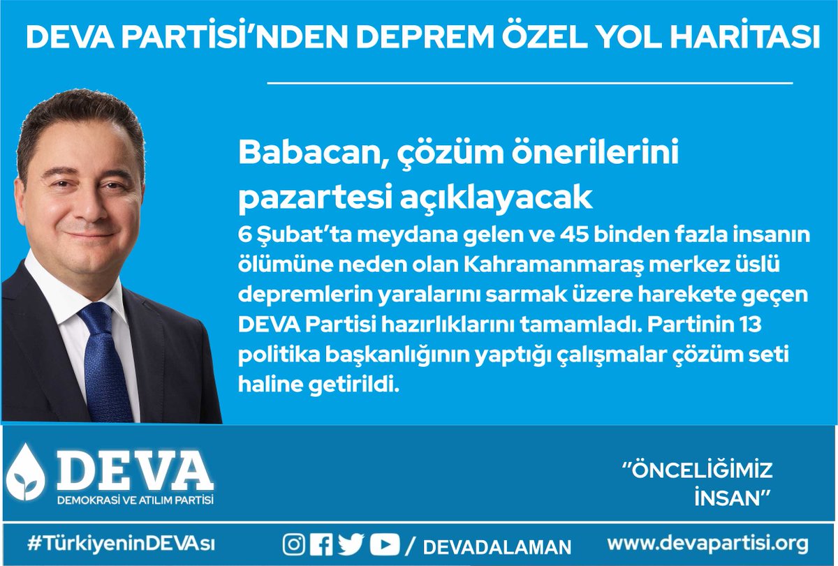 bilalbaykan48's tweet photo. https://t.co/QTSmaXpfxO
DEVA PARTİSİ’NDEN DEPREM ÖZEL YOL HARİTASI
Babacan, çözüm önerilerini pazartesi açıklayacak https://t.co/eFgc0Ly4zV