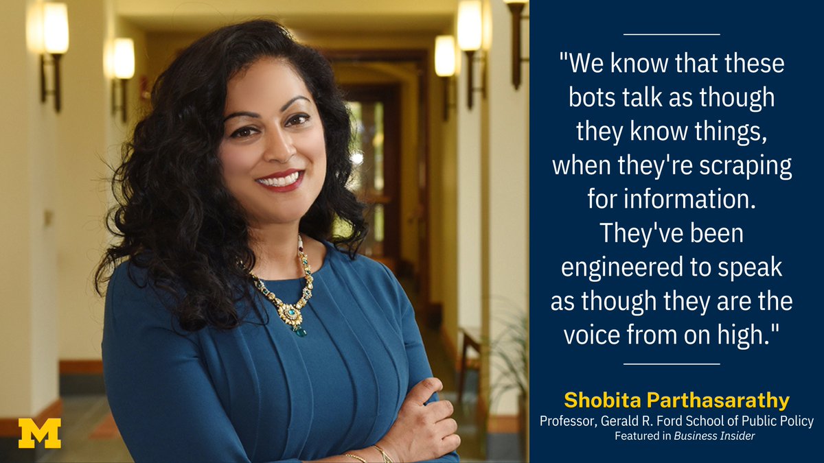 Shobita Parthasarathy, public policy professor at @FordSchool, explains how chatbots are engineered in a <a href="/BusinessInsider/">Business Insider</a> article on a journalists' experience with <a href="/Microsoft/">Microsoft</a>’s new Bing AI chatbot. myumi.ch/63pE9