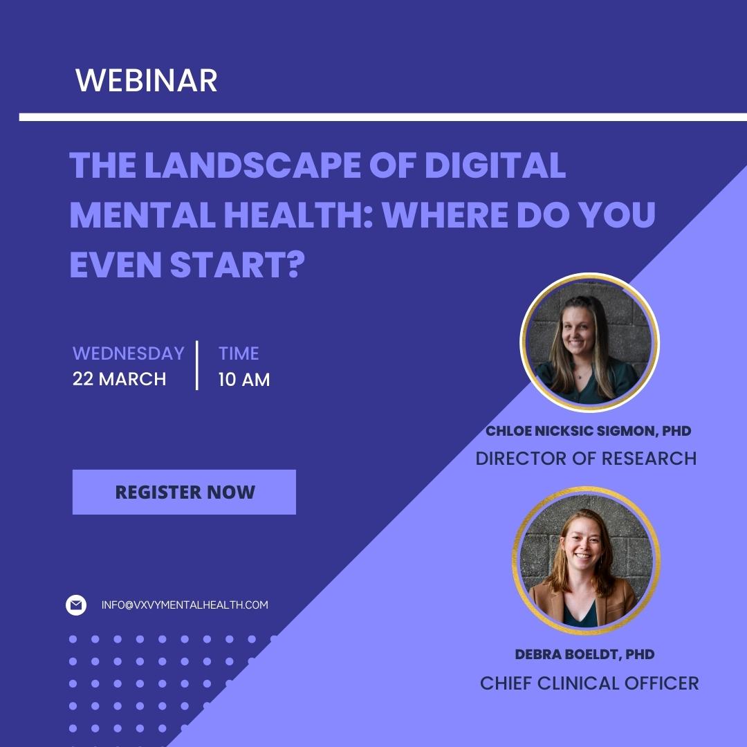 HealthVxvy's tweet photo. Please join us for our monthly webinar series! This month Dr. Chloe Nicksic Sigmon and Dr. Debra Boeldt will answer questions such as, "What is digital health?" "How is technology improving mental health and well-being?" 

Click the link below to register!
https://t.co/462sNLcwsZ https://t.co/hZjYmOChMR