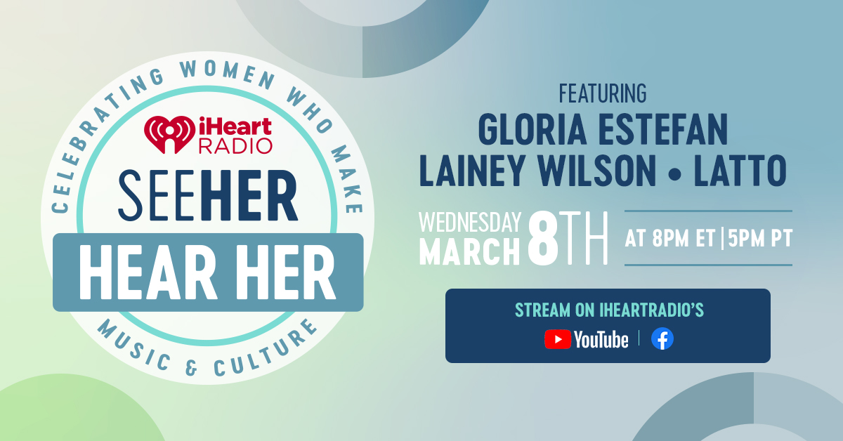 Join us on March 8th for the iHeartRadio #SeeHer Hear Her show with @gloriaestefan, <a href="/laineywilson/">Lainey Wilson</a> and <a href="/Latto/">BIG MAMA</a>!! 

We’re celebrating women all over the world with a special event on our Facebook &amp; YouTube page! 💗 #iHeartWomensDay