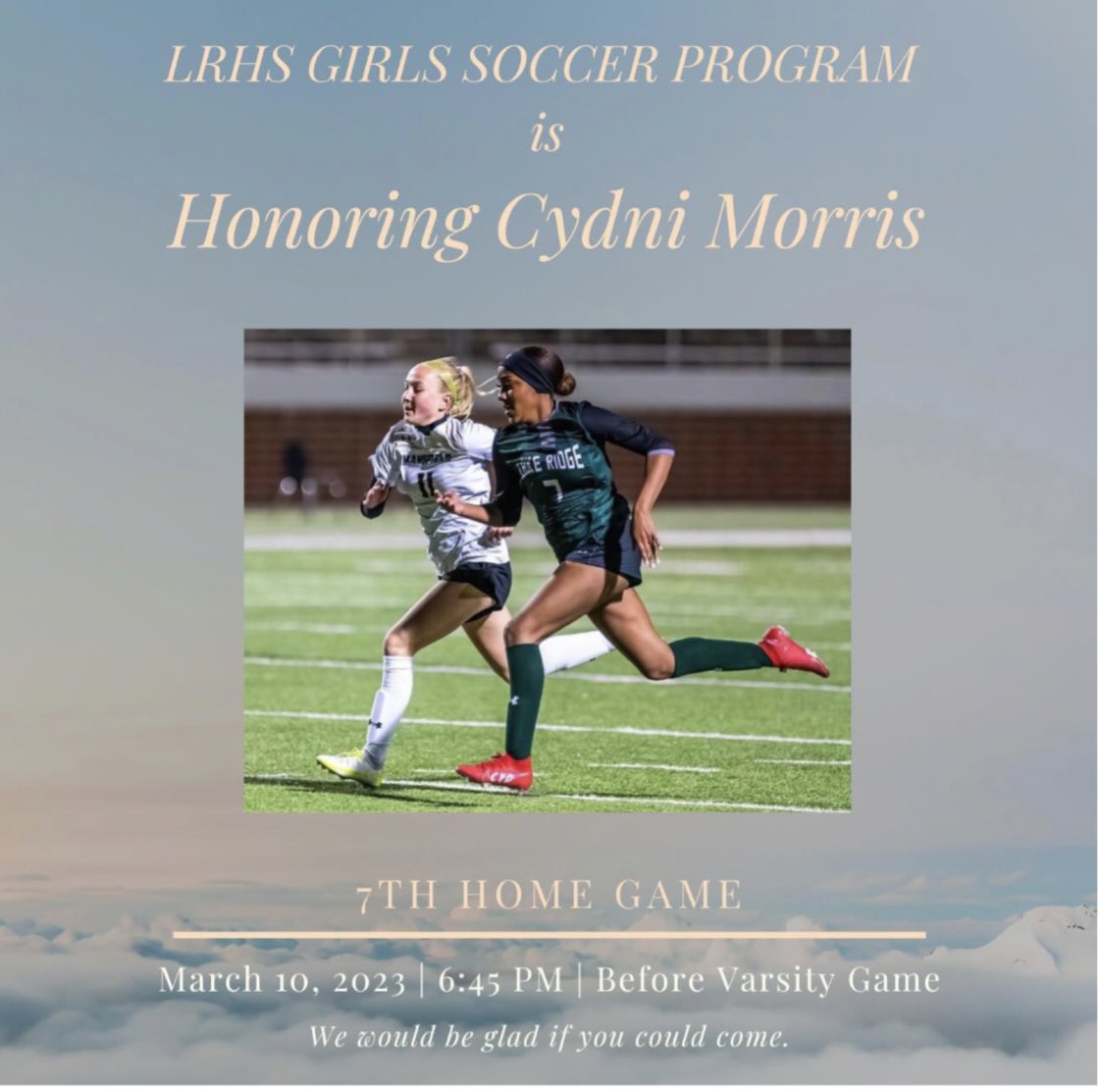 Please join the Lady Eagle soccer program March 10th at 6:45 PM as we honor Cydni Morris. #C2BG4C