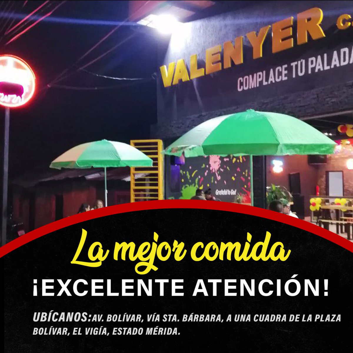 VALENYER C.A

📍Pollo a la broaster.
📍Pollo a la suiza.
📍Cochino solo. 
📍Cochino mixto especial.
📍Salchipapa mixto especial.
📍Choripan. 
📍Patacones.
📍Hamburguesas.
📍Pizzas. 
📍Heladería.
📍Bebidas Refrescantes. 

Dirección:

El Vigía, Mérida, Venezuela.

(0424) 7153806