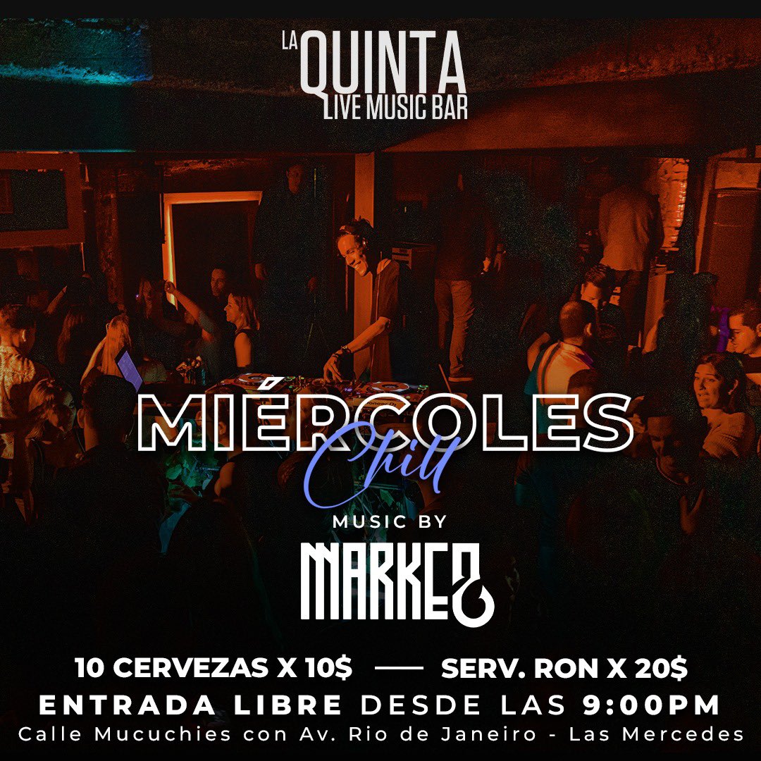 El mejor lugar para vacilar un miércoles es <a href="/laquintabart/">La Quinta Bar Live Music Bar</a> 😎 Una noche amena, buena coctelería 🍹 además de las mezclas de nuestro dj residente <a href="/markezve/">m a r k e z</a> 🎶