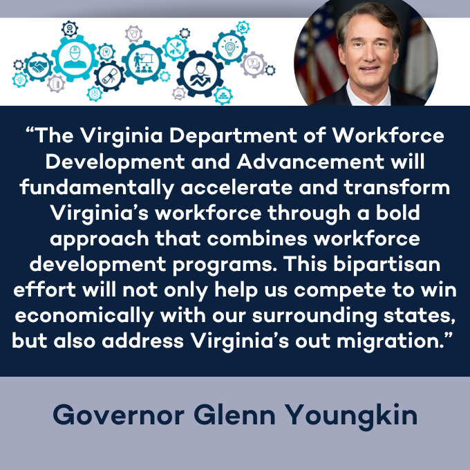 NatlGovsAssoc's tweet photo. Earlier this week, the Virginia General Assembly passed @GovernorVA Youngkin’s bipartisan plan to consolidate and transform VA’s workforce development system. Learn more: https://t.co/6EbHhlDHqF https://t.co/7ehwePSfP2