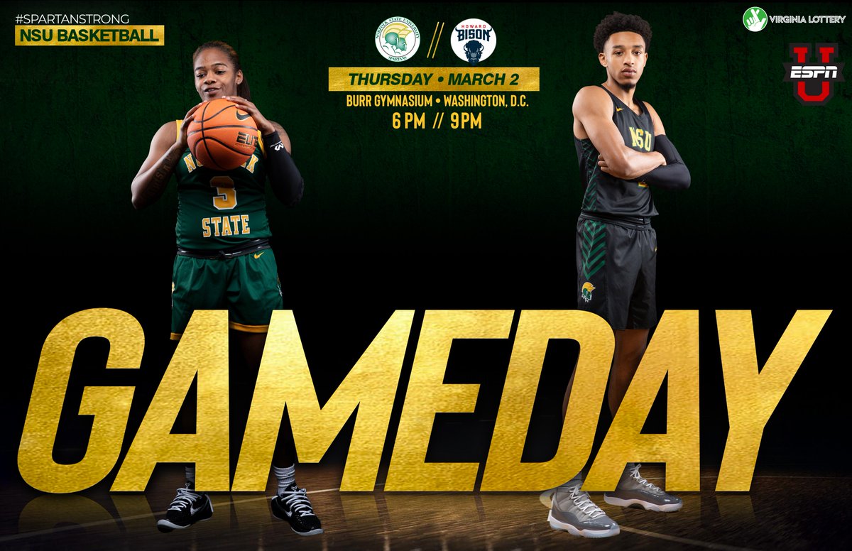 Regular season finale!

<a href="/NorfolkStateWBB/">Norfolk State Women’s Basketball</a>
<a href="/NSU_BBALL/">Norfolk State Men's Basketball</a> 🆚 Howard

🕑 6, 9 PM
📍 Washington, D.C.
🏟️ Burr Gymnasium
📺 bit.ly/3J26ET3 (W)
📺 ESPNU (M) 
📻 <a href="/Hot91Online/">WNSB - HOT 91.1 FM</a> | bit.ly/3wQ4784
📶 bit.ly/3ZbD1Va (W)
📶 bit.ly/3SL4gUc (M)

#SpartanStrong💪