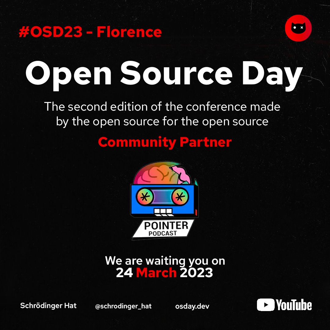 📣 Today we introduce <a href="/PointerPodcast/">PointerPodcast</a> as a new osday23 community partner.

📨 Follow them, stay tuned on their socials and for more information visit their website pointerpodcast.it

#opensource #osday #event #conference #tech #frontend #backend #foss #florence #cloud #talk