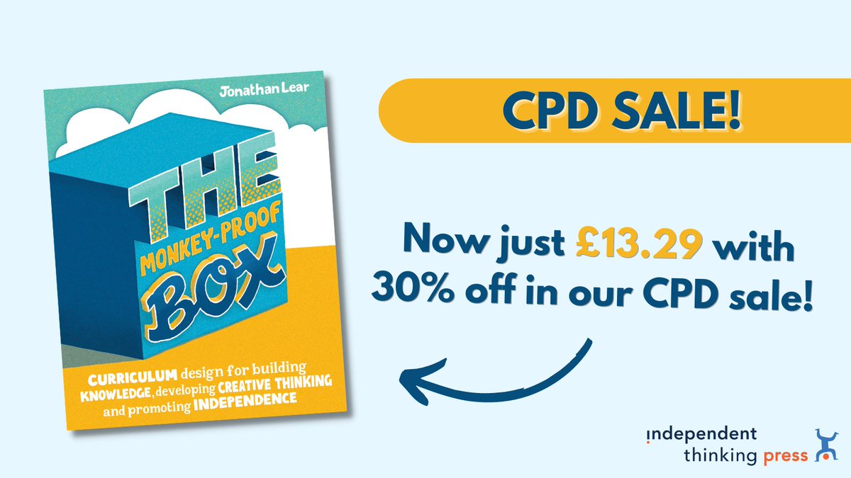 itPressUK's tweet photo. #MonkeyProofBox by @GuerrillaEd is currently just ยฃ13.29 in our #CPD sale!
The Monkey-Proof Box ๐ is a manifesto for constructing curriculums that truly improve pupils' #learning.
Browse the full range of titles available with 30% off here โก๏ธ https://t.co/GtoJDEIXbk https://t.co/mZzANLzxig