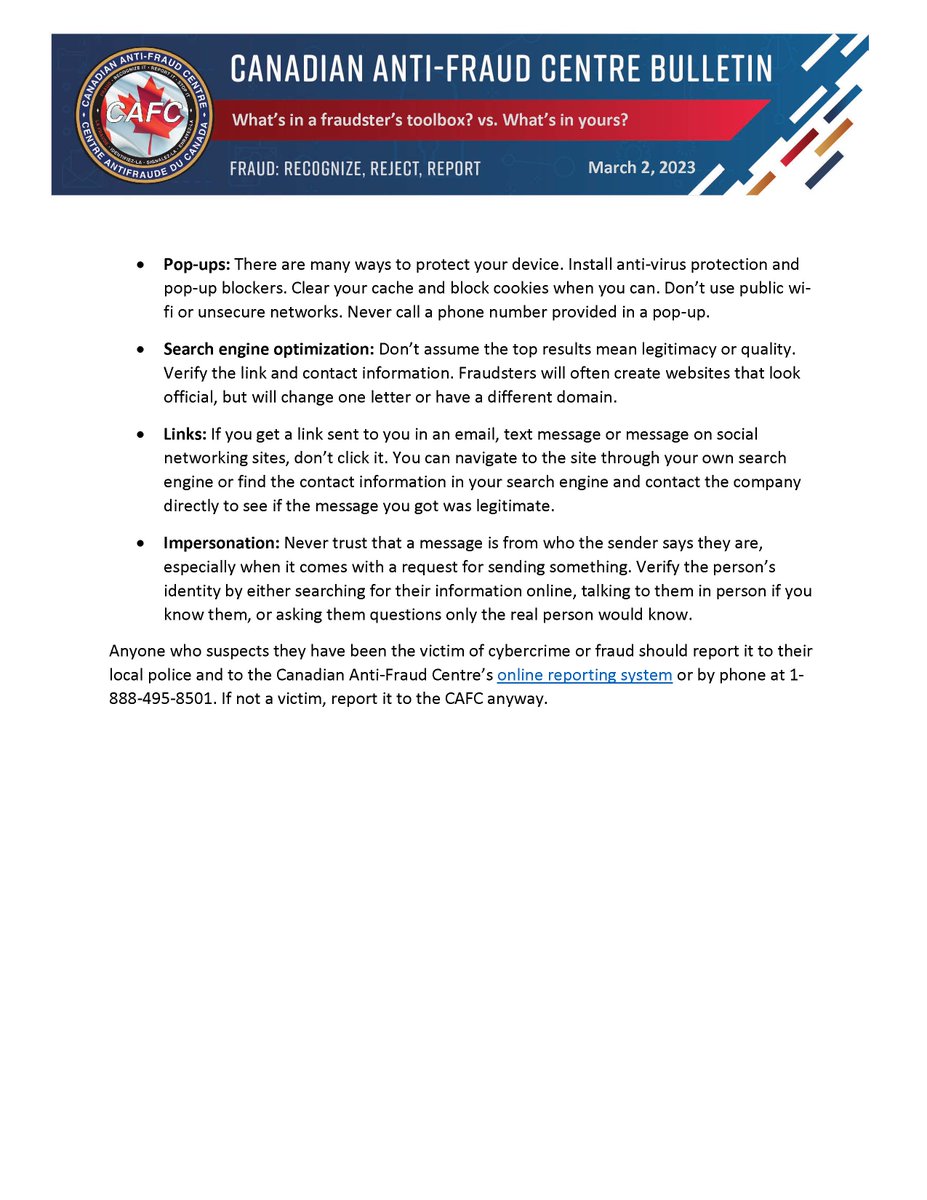 The theme of this year’s Fraud Prevention Month is “Tricks of the trade: What’s in a fraudster’s toolbox?”. For more information on this year's theme and how to recognize fraudster's tools: antifraudcentre-centreantifraude.ca/features-vedet… #FPM2023 #kNOwfraud #showmetheFRAUD #BeScamSmart #Take5 #Tell2