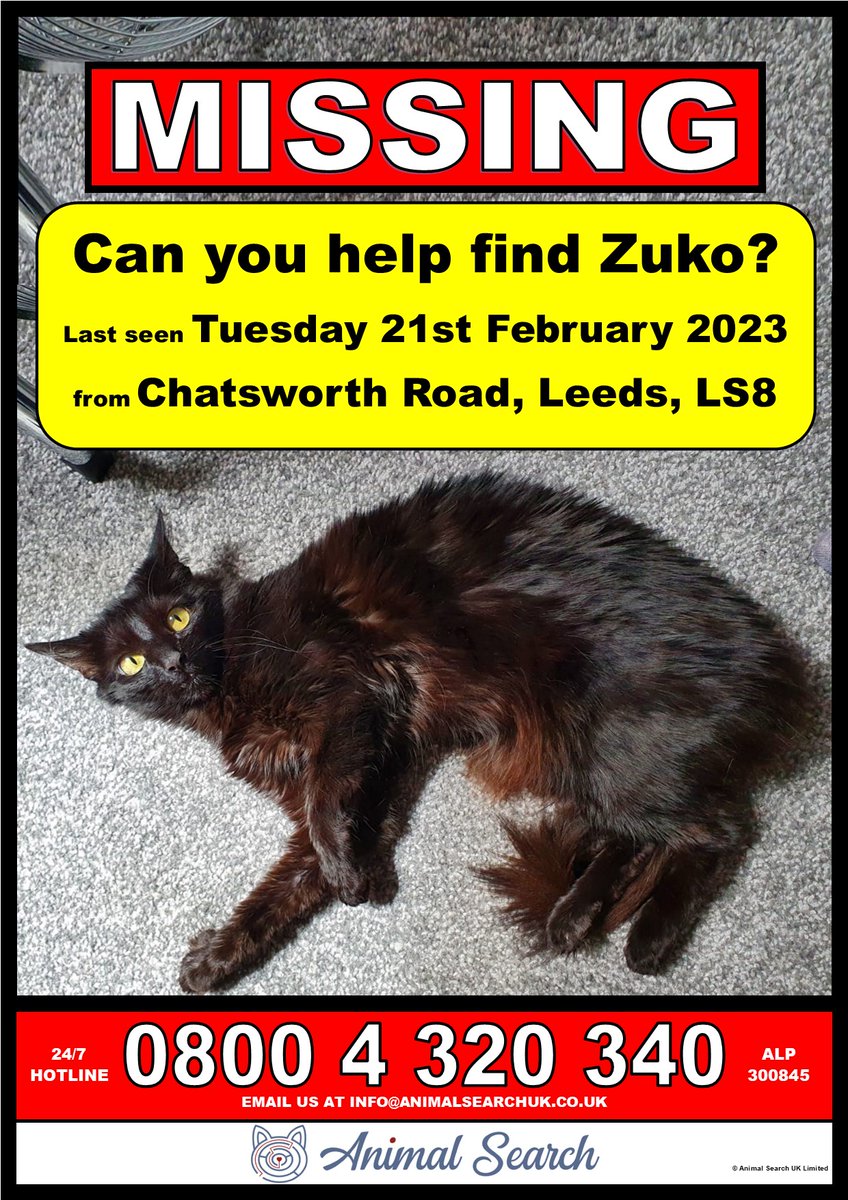 ‼️URGENT‼️ 

Zuko is still missing 😿

If you have seen or have any information on where Zuko might be, please call, 0800 4 320 340

Or visit our website and contact the owner directly 
animalsearchuk.co.uk/case/lost/3008…