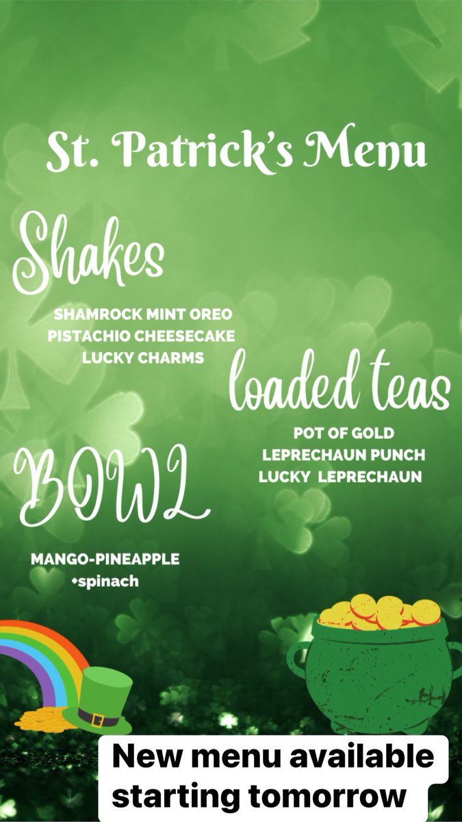 ☘️Good morning & Happy Wednesday ☘️

New month, new chapter, new one and new goals, let's crush our goals 💪🏼

We have officially launched our St. Patrick’s menu!
#evolve #evolvenutrition #downers #march #healthyspot #wednesday #newgoals #downersgrove