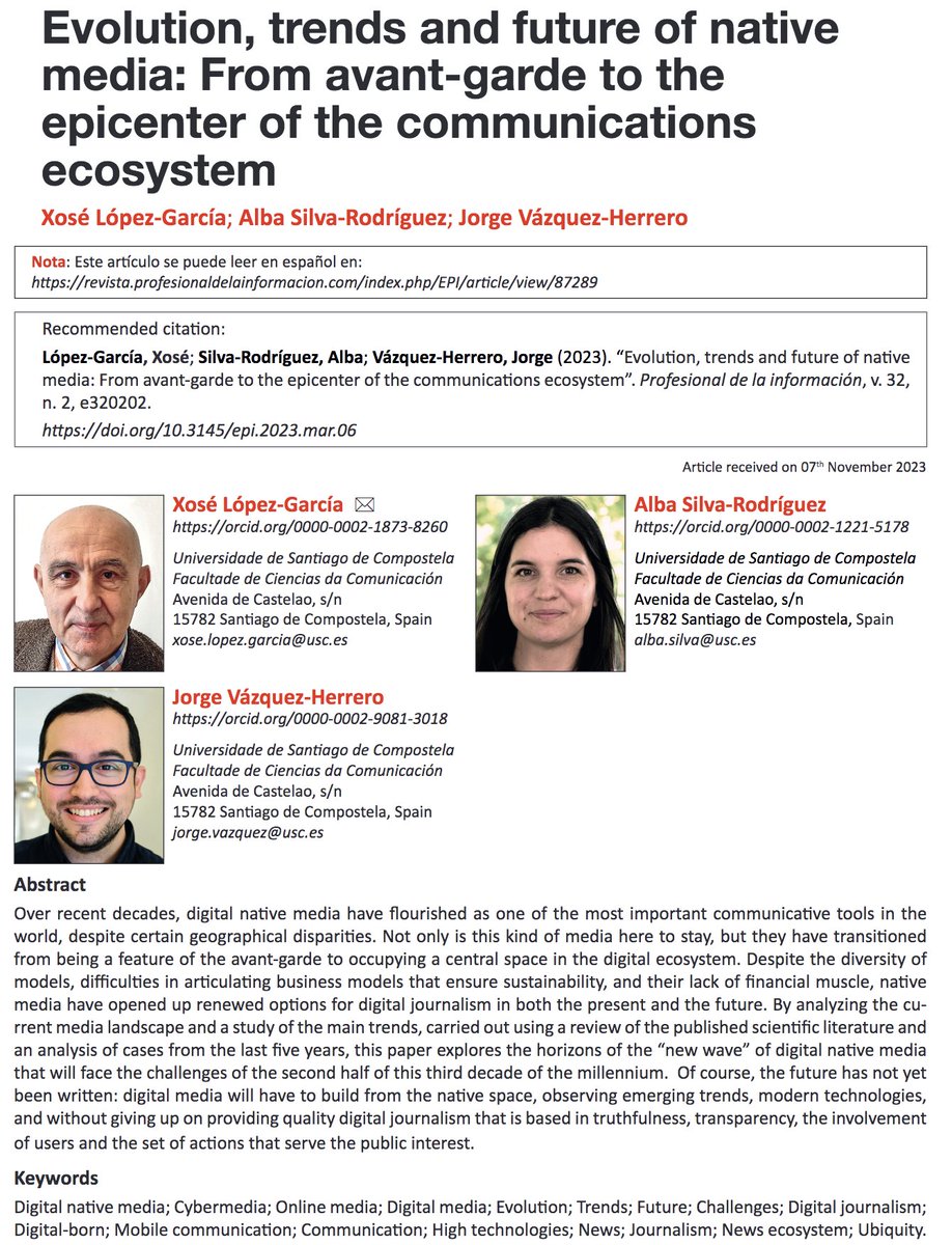 Alba Silva (@alba_sr) on Twitter photo Evolution, trends and future of native media: From avant-garde to the epicenter of the communications ecosystem
Novo artigo editorial con <a href="/xoselopezgarcia/">xose lopez. garcia</a> e <a href="/jorgevh/">Jorge Vázquez Herrero</a> para <a href="/revista_EPI/">Revista EPI</a>
doi.org/10.3145/epi.20… Evolution, trends and future of native media: From avant-garde to the epicenter of the communications ecosystem
Novo artigo editorial con <a href="/xoselopezgarcia/">xose lopez. garcia</a> e <a href="/jorgevh/">Jorge Vázquez Herrero</a> para <a href="/revista_EPI/">Revista EPI</a>
doi.org/10.3145/epi.20…