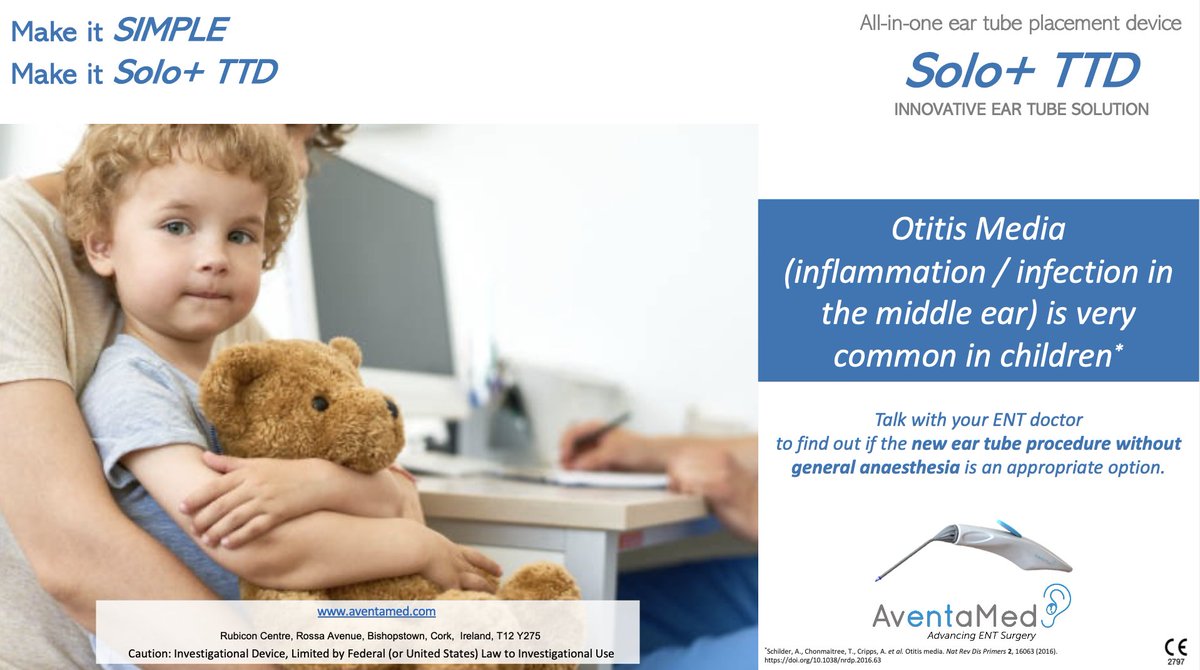 Otitis Media (inflammation / infection in the middle ear) is very common in children.
Talk with your ENT doctor to find out if the new ear tube procedure without general anaesthesia is an appropriate option.For more information go to aventamed.com
#eartubes #otitis #ENT