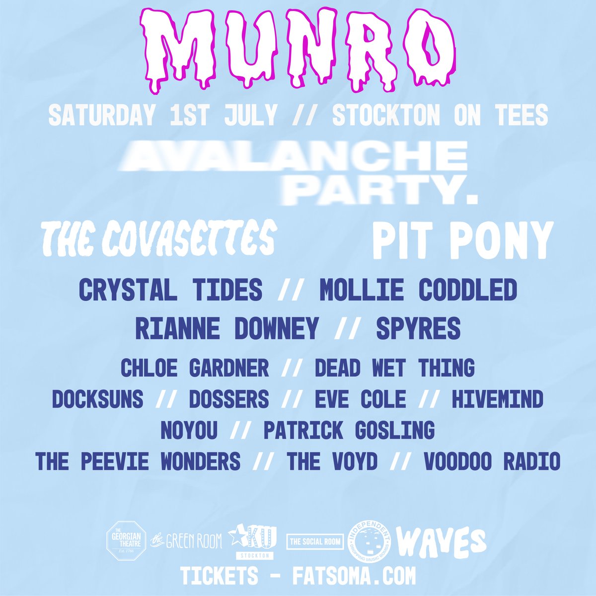 Over the moon to have curated a Sunderland showcase stage as part of <a href="/MunroFestival/">MUNRO Festival</a>, we'll be taking over The Green Room stage. 

Our lineup includes headliners <a href="/pitponyband/">Pit Pony</a> plus Chloe Gardner, <a href="/deadwetthings/">Deadwetthings</a>, <a href="/DOCKSUNS/">DOCKSUNS</a>, <a href="/evecolemusic/">Eve Cole</a>, <a href="/noyoumsc/">noyou</a> &amp; <a href="/patrickgoslingg/">Patrick Gosling</a>