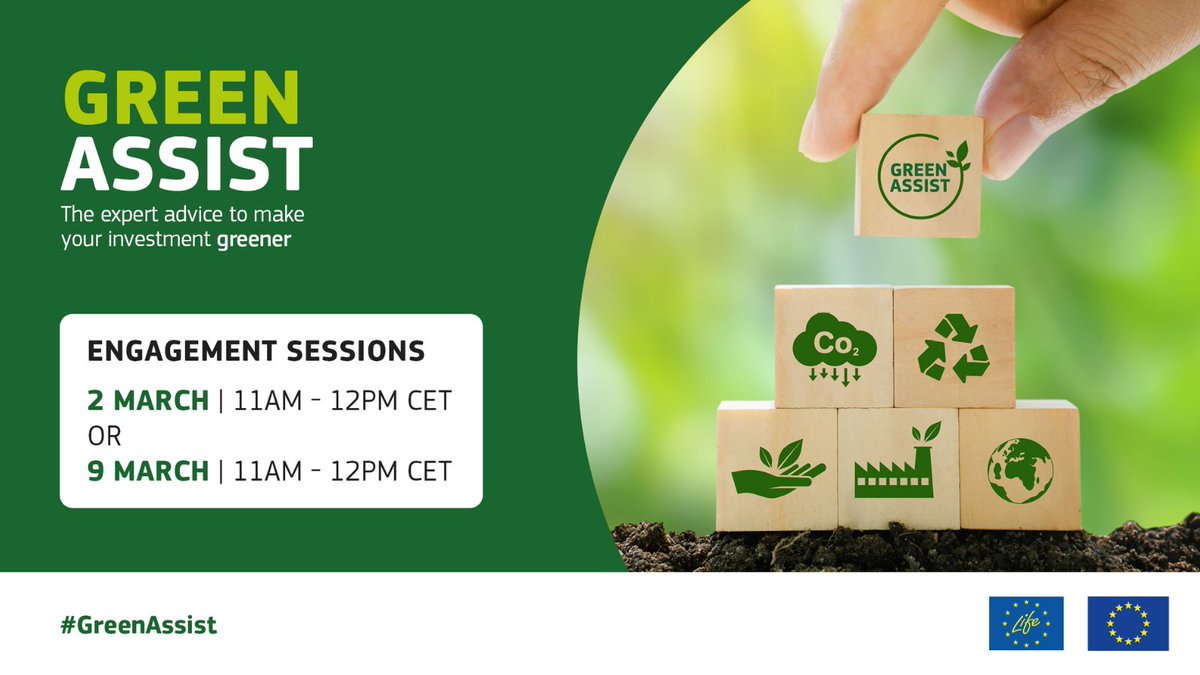 Do you know about the #GreenAssist initiative? 
Come to one of our 💻 virtual engagement sessions to discover how it can help you to make your investments greener! 

👉 Tomorrow 2 March, 11-12 CET  
or
👉 9 March, 11-12 CET  

Register here ➡️ europa.eu/!m8GKnv
#EUGreenDeal