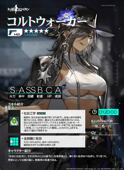 【新人形紹介】5 HG「コルトウォーカー」「お金には忠実に、それ以外のことは適当に」を処世術とし、薄ら笑いを浮かべながら、ウソをつく人形。警察にとっては頭の痛い、刑務所の常連。詳しくは下図をご覧ください。「3月10日(金) メンテナンス後」より製造にて入手可能です!#ドルフロ 