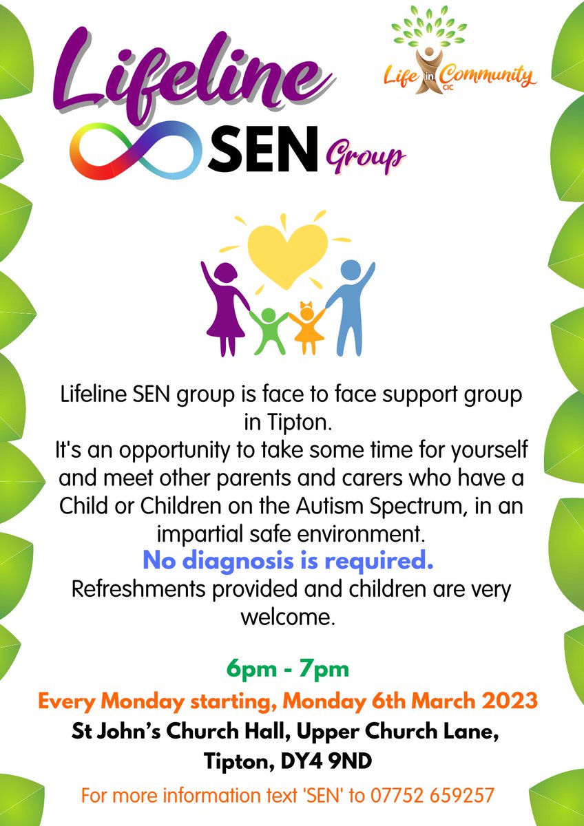 LifeInComTipton's tweet image. #Tiptonaywe #Sandwell
#NewService
From Mon March 6th we're supporting the #launch of Lifeline SEN Group
So if u r parent or carer with SEN children, &amp;amp; u want 2 connect with others then pls join us. 
For info Text #SEN to 07752 659257
@FellowsJusteen 
@blkcountryhour
@ThisIsTipton