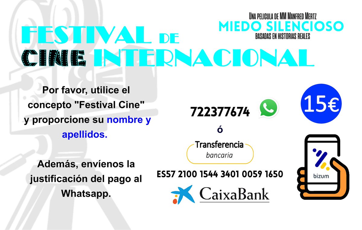 aspersolor's tweet photo. El día de la función, podrá realizar el pago mediante Bizum o transferencia a La Caixa para adquirir la entrada "Pulsador" por un precio de 15 euros para todo el día. Este será el precio único.

Por favor, utilice el concepto "Festival Cine" y proporcione su nombre y apellidos. https://t.co/EApOjUZHFp