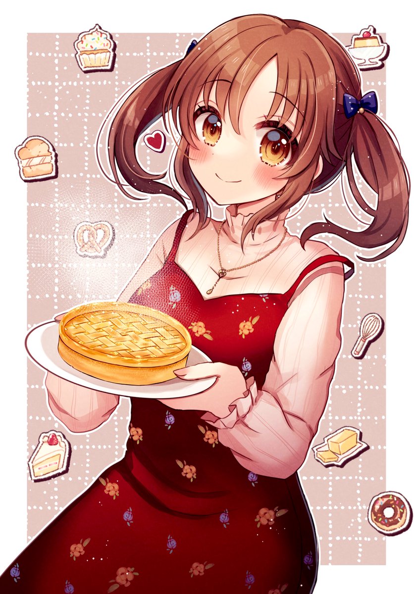 totoki airi 1girl twintails food brown hair solo smile plate  illustration images