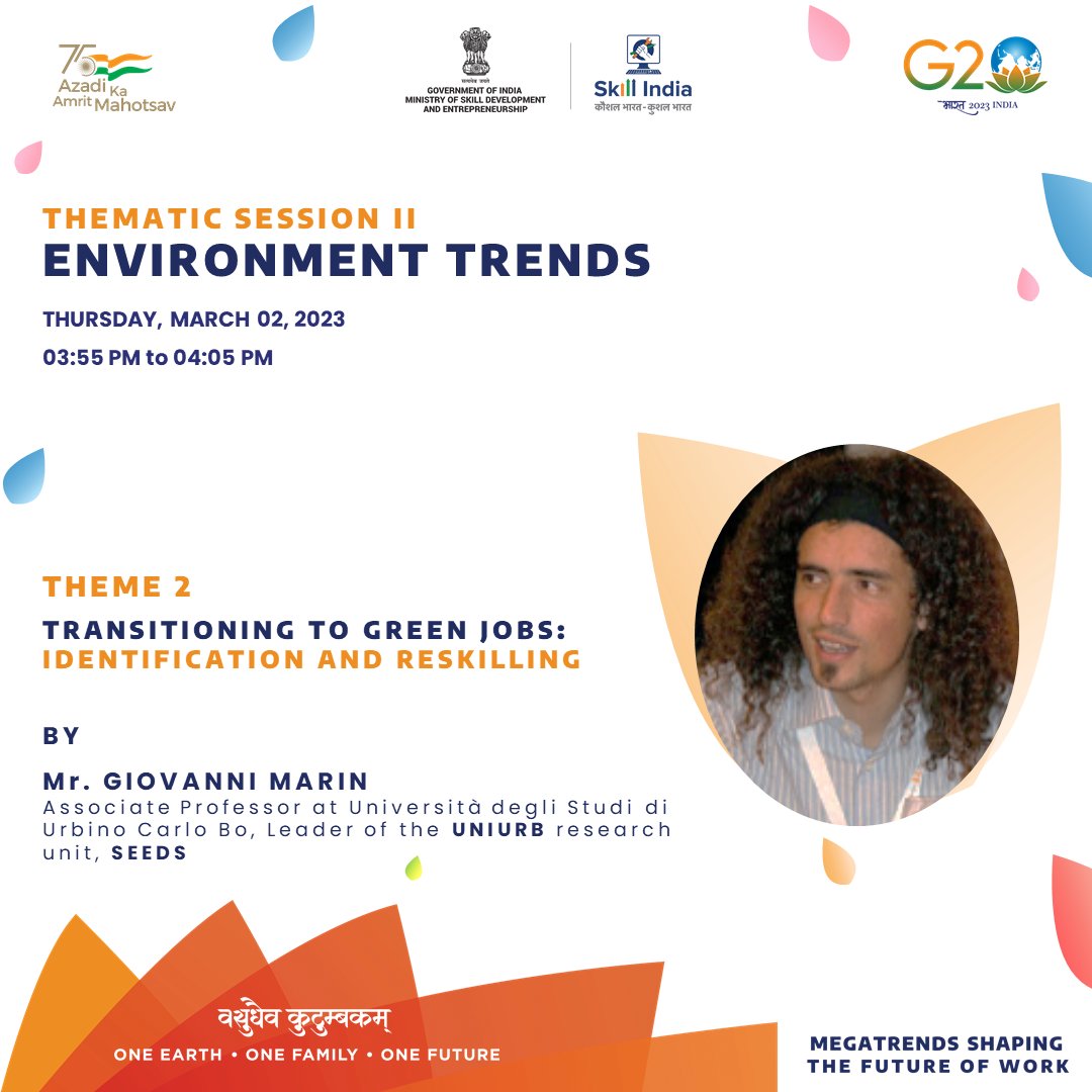 Meet our speakers for 2nd Thematic Session of the webinar as they discuss Environment Trends, the transition to green jobs &amp; driving businesses towards a circular economy with evolving job opportunities.
Webinar link: youtube.com/live/yKYfjIdZW…

#G20India #SkillIndia #FutureOfWork