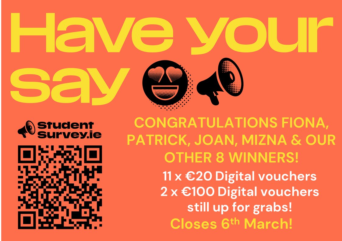 📢 CONGRATULATIONS to our next 12 winners of a €20 voucher 📢 @StudentSurveyIE 2023 is STILL open @RCSI_Irl until the 6th March! Share your experience now at studentsurvey.ie to win a €20  voucher next week, or the €100 voucher grand prize! #StudentSurvey #HaveYourSay