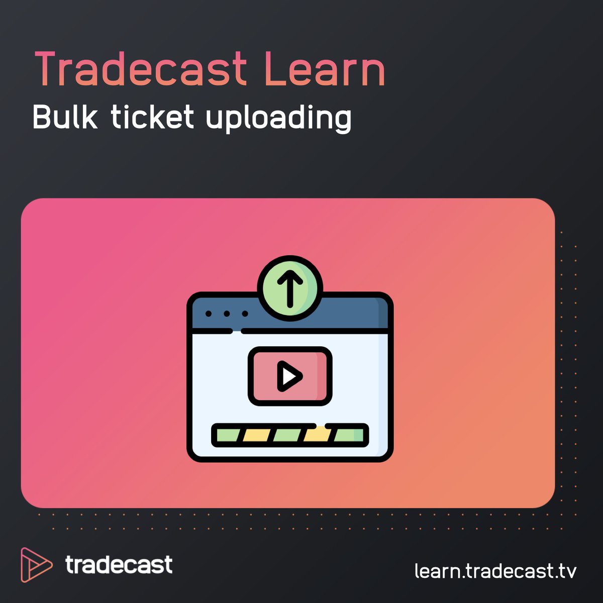 With our feature 'Bulk ticket uploading', you can activate a lot of #video ticket codes at once. This way, you can offer access to premium #videocontent to a large audience in just a few clicks.  

Curious how? Check out our article on #TradecastLearn: 

learn.tradecast.tv/hc/en-us/artic…