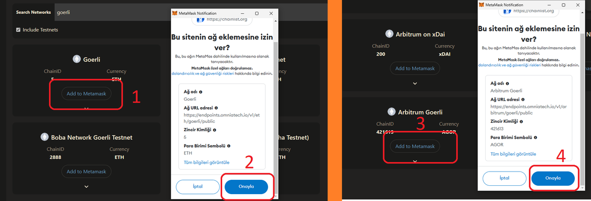 kriptokurduu's tweet photo. 🧵2/13
🔶İlk olarak boş bir #Metam*sk cüzdanımıza aşağıdaki linklerden önce #Goerli ve ardından Arbitrum Goerli testnet ağlarını ekleyelim.
🔗Goerli: https://t.co/A1RyTwoemt
🔗Arbitrum Goerli: https://t.co/Lx23eKqkFa https://t.co/1RMjn8yyvJ
