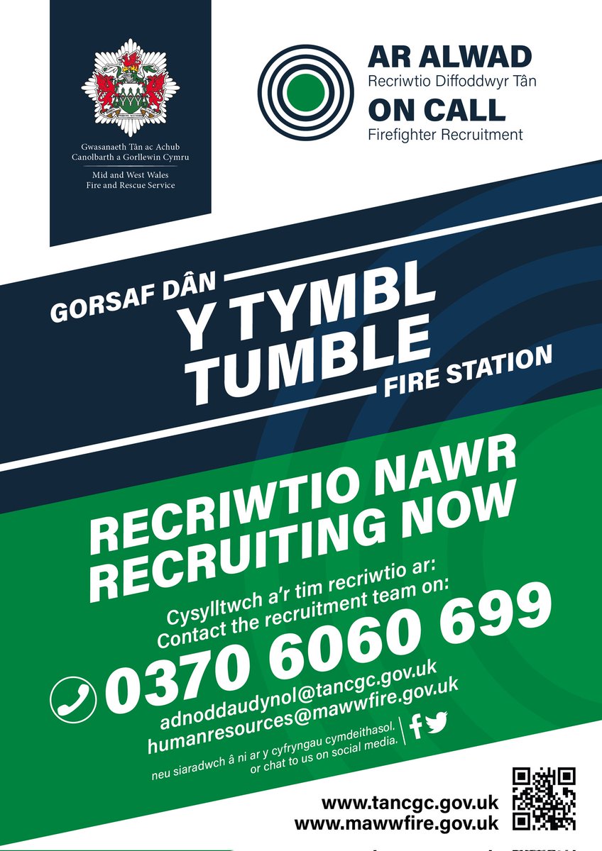 tumblefirestn's tweet photo. We need your help in #CwmGwendraeth 🏴
Your local Fire Station is recruiting. 🚒👩🚒
We're looking for people from:
All walks of life ✅
All ages ✅
All backgrounds ✅
No experience necessary.
Be more for your community. Become a Retained Firefighter.
#tumble #mawwfire https://t.co/mnOdXWDYYt