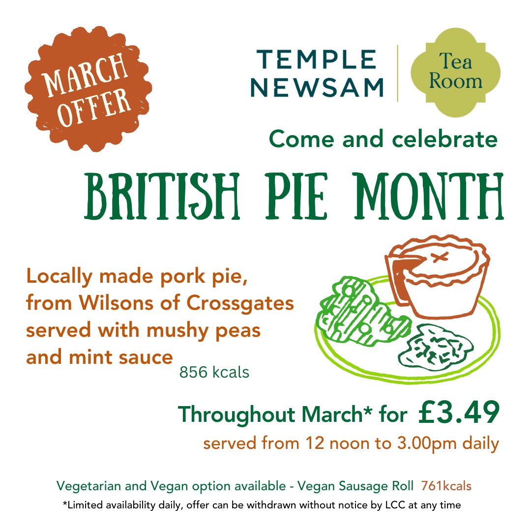 TempleNewsam's tweet photo. Time sure flies when you’re having fun✨

We’re back with a delicious café offer🍴

We’re celebrating British Pie Week by offering a scrumptious locally made pork pie with mushy peas &amp; mint sauce, for the whole of March😋

We'll be serving from 12noon - 3pm daily 🕒 https://t.co/swwsX8pgYf