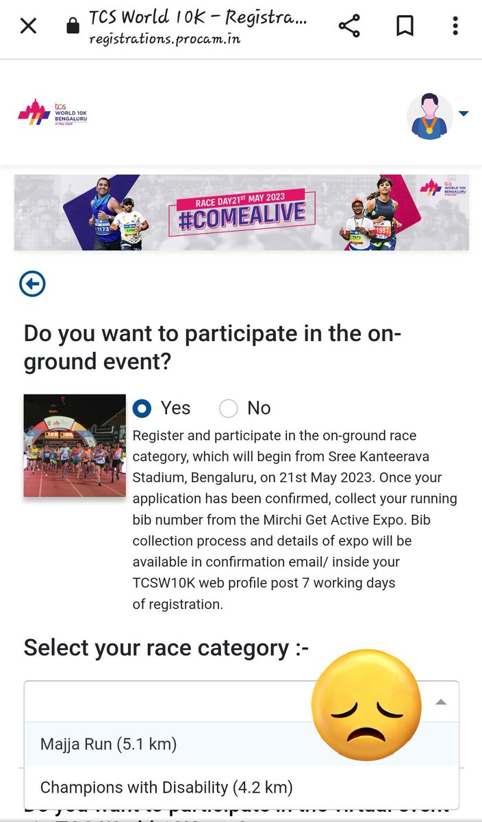 No one is allowing me to participate in a  10k event. Neither @TCSWorld10K nor @one8 is allowing me to participate in the 10k category 😔😔

#runnersOfTwitter #runnect #fitindia