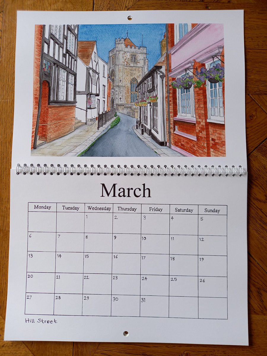 Happy March Day. Time to turn the page on my Hastings calendar and it's Hill Street, looking towards St Clements Church. 
Original painting is for sale, prints available to order. Calendar and cards available from my Etsy shop:
etsy.com/uk/listing/131…
#Hastings #artist #March1st