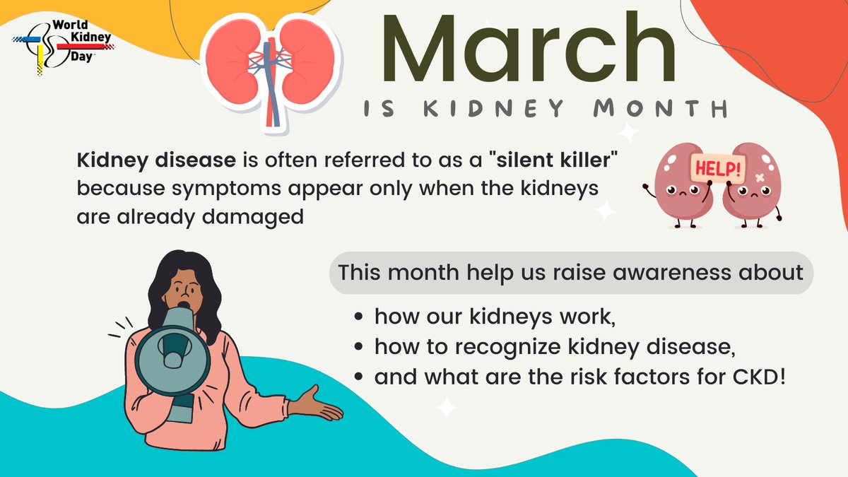 March is kidney month! Organize an awareness-raising activity and share our message on social media. Use our 2023 campaign materials, available here: 👉worldkidneyday.org/2023-campaign/… #WorldKidneyDay