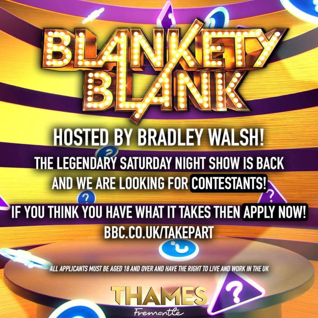 / #CASTINGCALL /

<a href="/ThamesTV_/">Thames</a> are looking for #confident, #outgoing &amp; #entertaining people to take part in #BlanketyBlank hosted by Bradley Walsh! 👤 📝

👉 bbc.co.uk/takepart 

#bradleywalsh #celebrity #classic #comedy #confident #game #gameshow #trivia #quiz #thecastingcrew