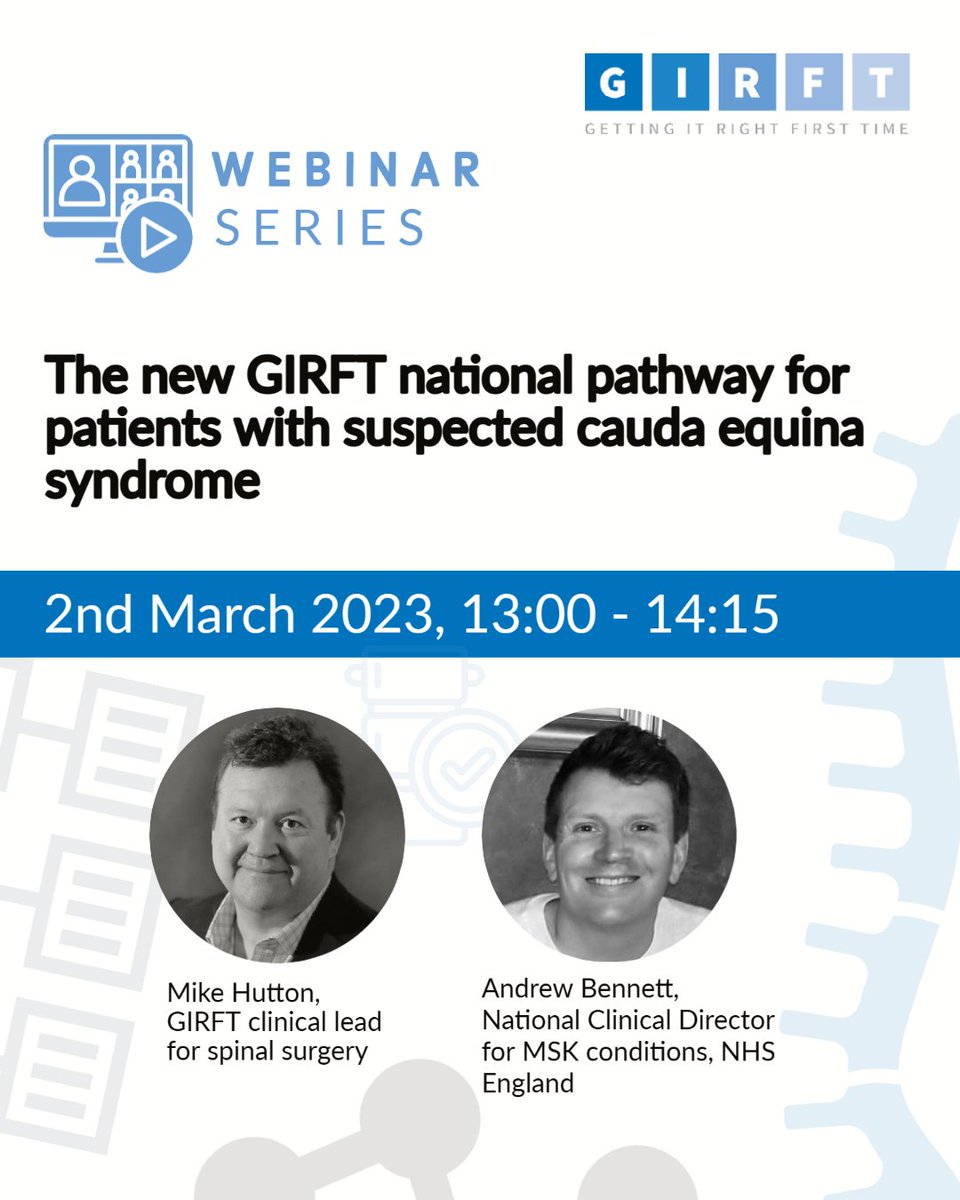 Over 1⃣7⃣0⃣0⃣ have registered for the next GIRFT #spinal services webinar:

🗓️ 2 March
⌚️ 1pm - 2:15pm

Learn about the new Cauda Equina Syndrome (#CES) interactive pathway and get to grips with the supporting guidance document.

Register 👇
🔗 bit.ly/3YlIUyF

#BestMSK