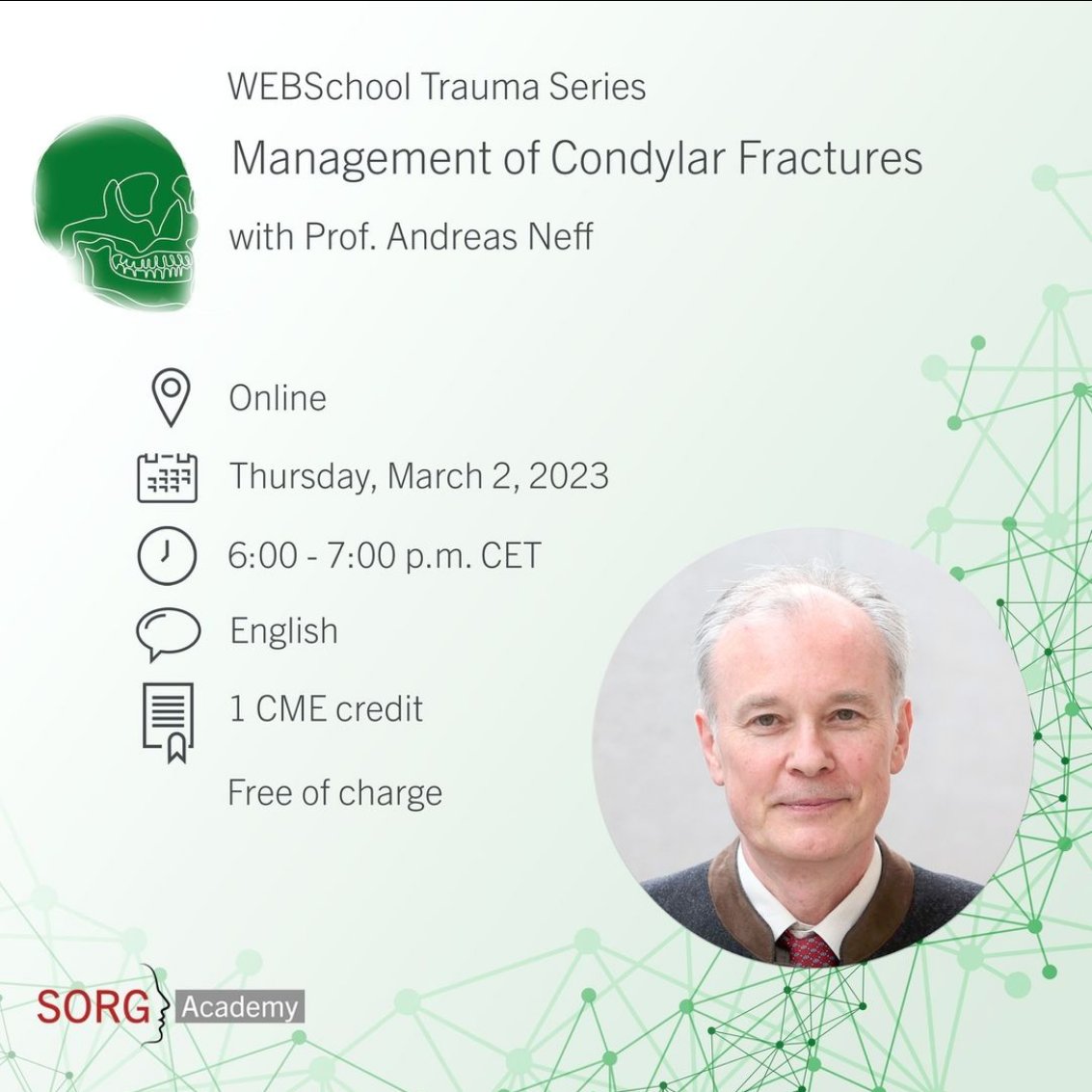 osteoplac's tweet photo. SORG WEBSchool Trauma Series
🗓 Tomorrow, March 2, 2023
⏰ 6:00 to 7:00 p.m. CET
👉 Management of Condylar Fractures
Speaker: Andreas Neff
🔗 More information: https://t.co/P3RdjLo8Q8
#SORG #SORGAcademy #sorggroup #WEBSchool https://t.co/phrqlOUdvm