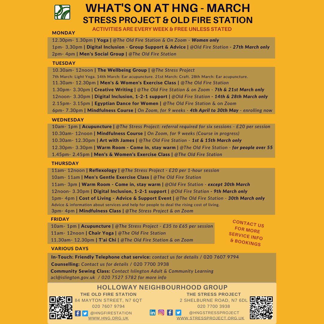 What's on at HNG in March. Is there something here that could benefit someone you know?

DM us, or call us on 020 7700 3938 for more info. 
stressproject.org.uk 

#isllington #holloway #mentalhealth  #mentalhealthlondon #Wellbeing