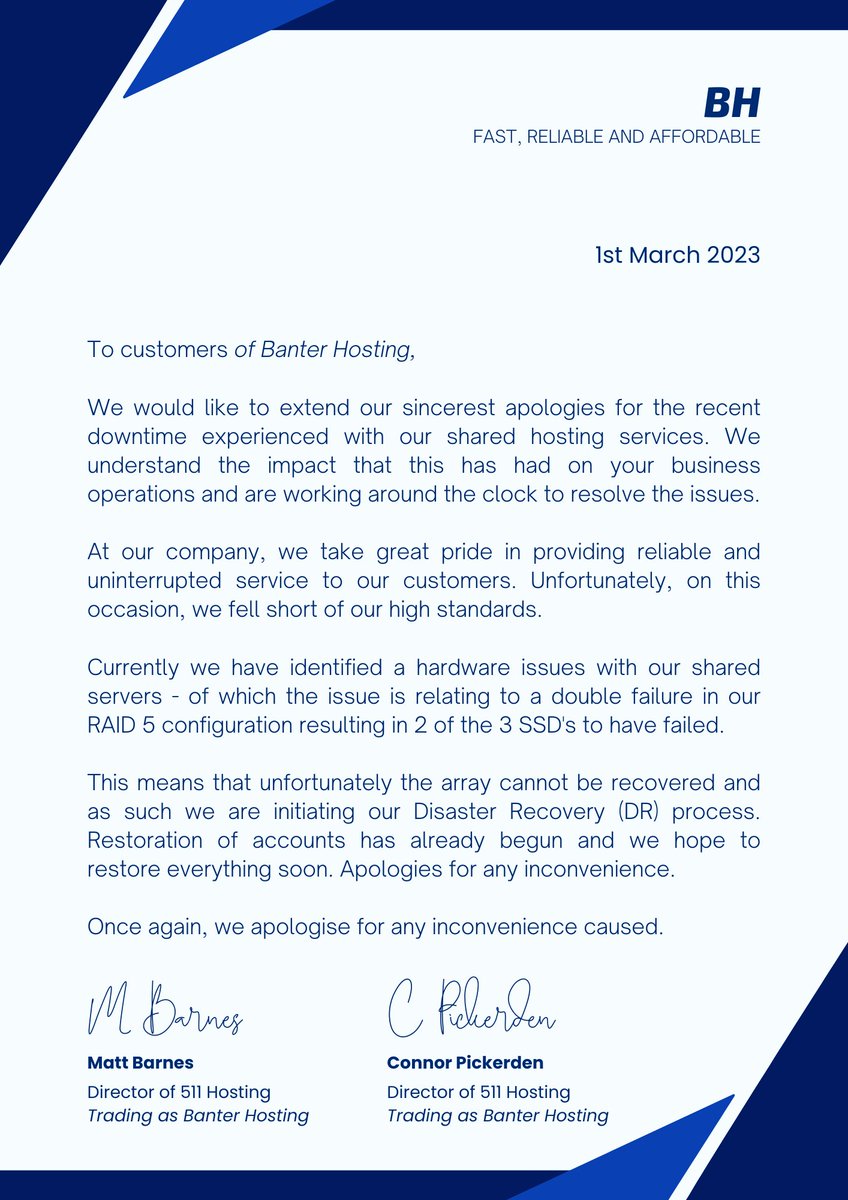 BanterHosting's tweet photo. Please see below a update from Banter Hosting regarding the current downtime.

Thank you for your understanding, we will be monitoring the situation. https://t.co/9FDcjWiLRP