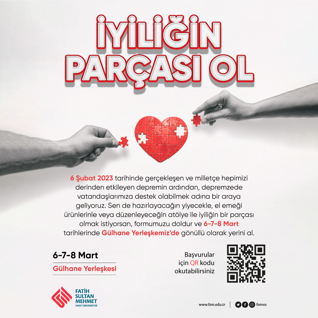 Sen de hazırlayacağın yiyecekle, el emeği ürünlerinle veya düzenleyeceğin atölye ile iyiliğin bir parçası olmak istiyorsan, formumuzu doldur ve 6-7-8 Mart tarihlerinde Gülhane Yerleşkemiz ’de gönüllü olarak yerini al. Bekliyoruz!
Form Linki: bit.ly/iyiliginparcasi
