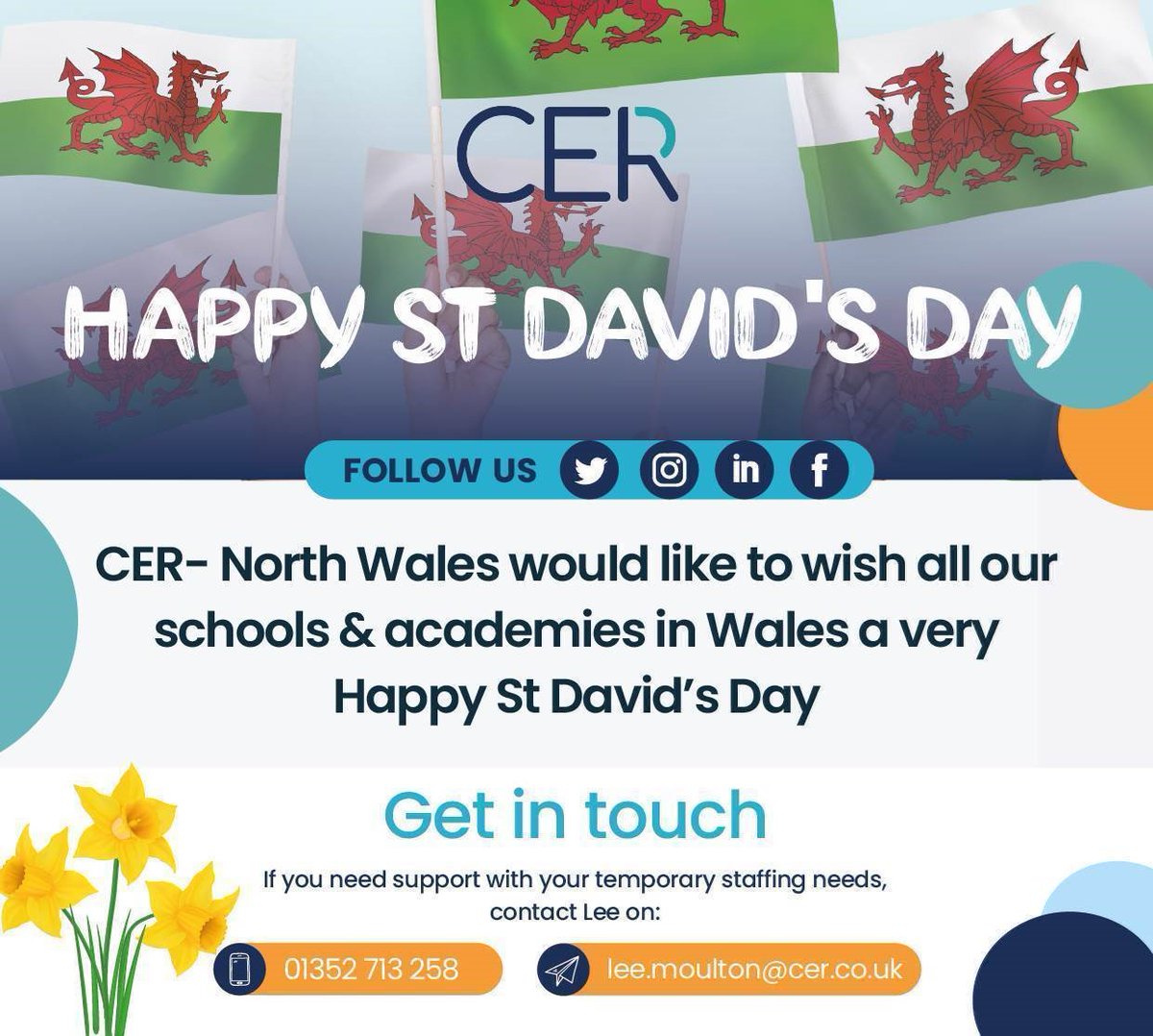 Happy St David's Day to all our North Wales Schools, Teachers and Support Staff from <a href="/CerNorth/">CER Education - Liverpool & North Wales</a> !

Looking for work in North Wales ?
 Get in touch with our consultant Lee today !

☎️ 01352 713 258
✉️ lee.moulton@cer.co.uk

#northwalesjobs #teachertwitter #teachingjobs